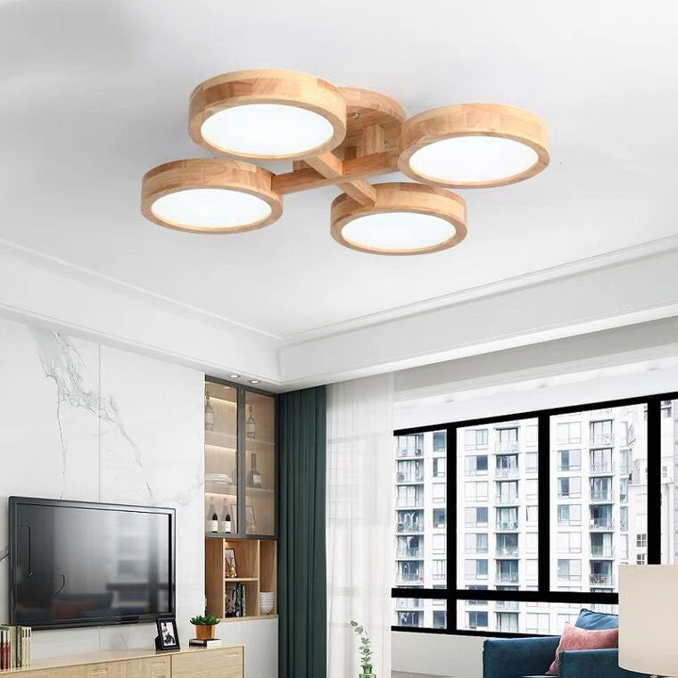 Contemporary Scandinavian Round Rubberwood LED Flush Mount Ceiling Light For Living Room