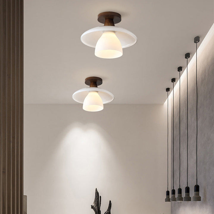 Plafonnier Semi-Encastré à 1 Lumière en Verre Rond Minimaliste Moderne avec Bois pour Salon 