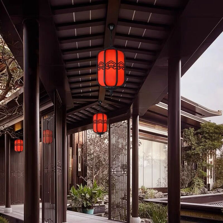 Pantalla de Linterna de Mármol de Imitación Chino Tradicional de Aluminio 1-Luz Impermeable Lámpara Colgante para Patio Exterior 