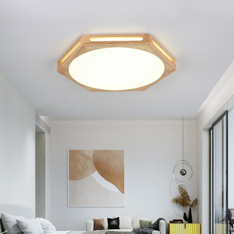 Traditional Vintage Wood Grain Hexagon Acrylic LED Flush Mount Ceiling Light For Living Room