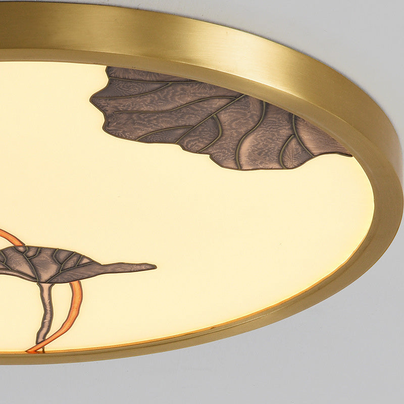 Traditional Chinese Copper Acrylic Round Lotus Bamboo Ginkgo Leaves LED Flush Mount Ceiling Light For Living Room
