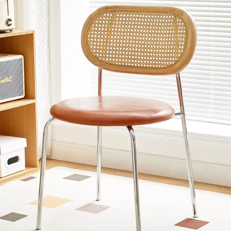 Contemporary Vintage Round Rectangular Rubberwood Plywood Iron Faux Leather PE Rattan Dining Chair Backrest For Dining Room