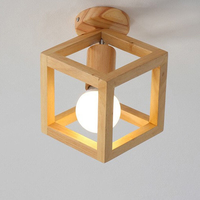 Japanese Minimalist Log Hollow Geometric Cube 1-Light Semi-Flush Mount Ceiling Light