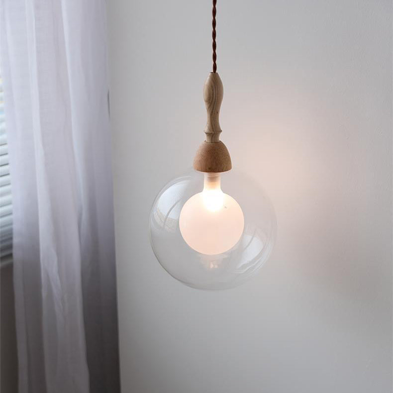 Lámpara colgante de 1 luz de vidrio y madera con forma de orbe japonés tradicional para sala de estar 