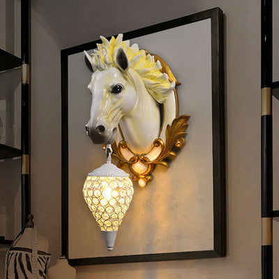 Modern Eclectic Resin Horse Head Decor Crystal Round Shade 1-Light Wall Sconce Lamp For Living Room