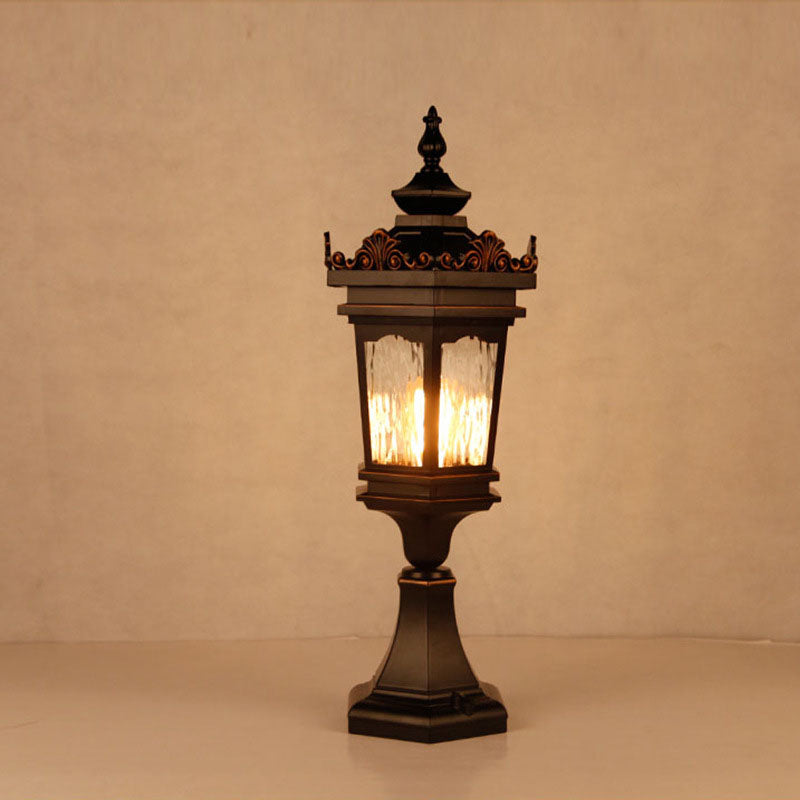 Luz de Poste de Cabeza de 1 Luz de Vidrio de Aluminio Cilíndrico Hexagonal Europeo Tradicional para Patio Exterior 