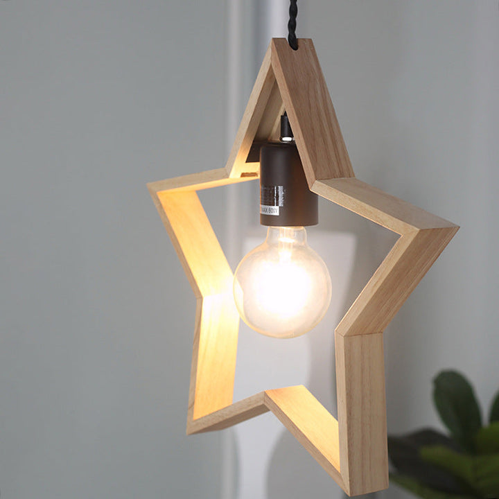 Zeitgenössische kreative Massivholz Pentagramm Stern 1-Licht Pendelleuchte für Wohnzimmer 