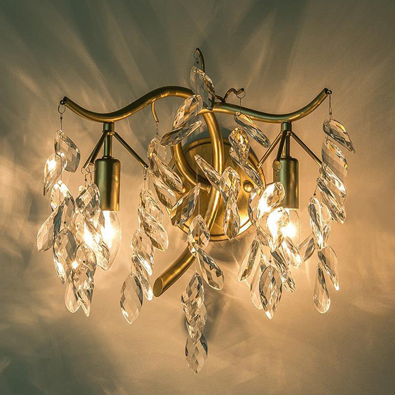 Traditionelle französische Blatt Eisen Kupfer Kristall 2-Licht Wandleuchte Lampe für Wohnzimmer 