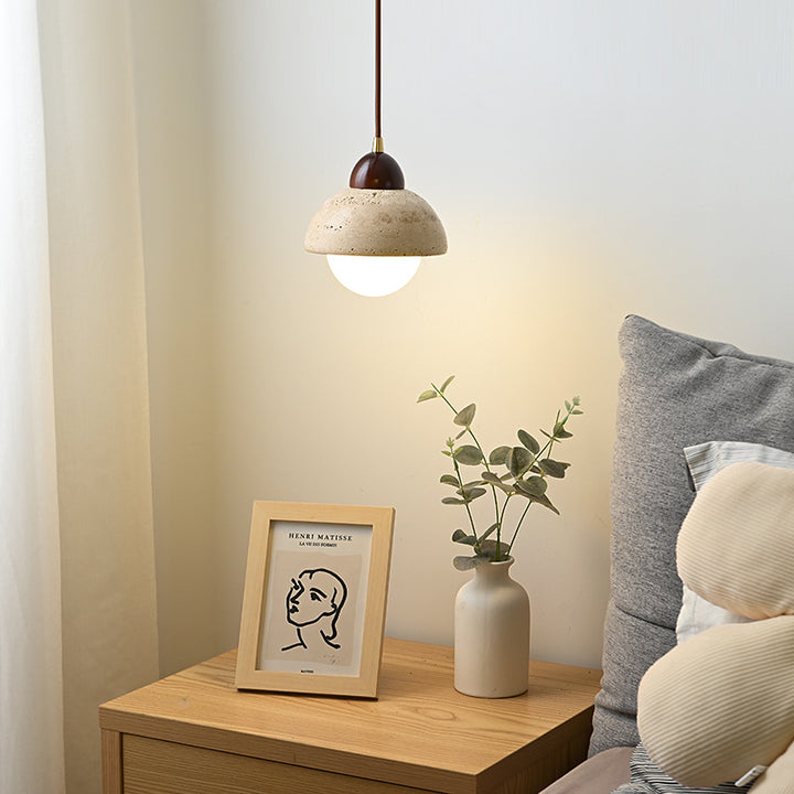 Nordic Modern Minimalist Semi-Circular Plate Yellow Travertine Solid Wood Glass 1-Light Pendant Light