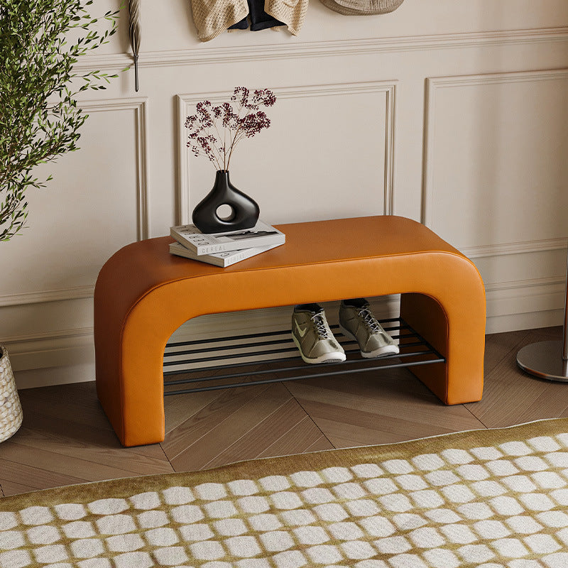 Banc de rangement moderne minimaliste en agneau rectangulaire long en cuir PU avec fer, 1 étagère pour les entrées 