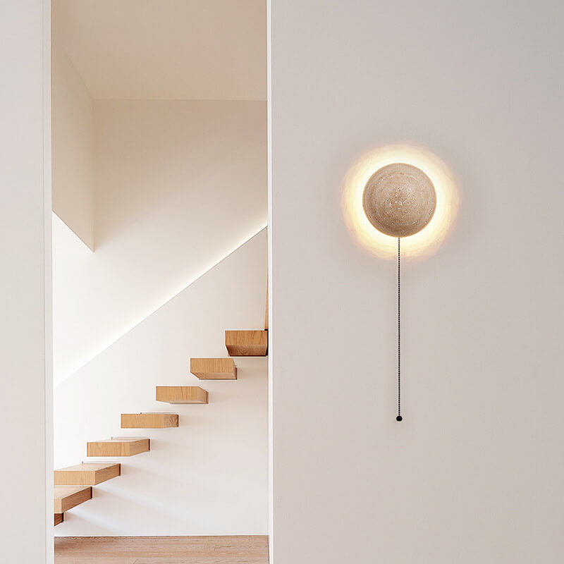 Applique Murale LED Minimaliste Japonaise Ronde en Travertin Jaune Wabi-Sabi 