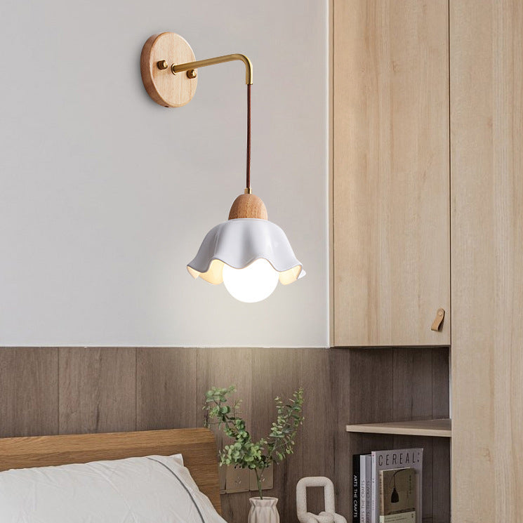 Contemporary Retro Cylinder Petal Cone Solid Wood Glass 1-Light Wall Sconce Lamp For Bedroom