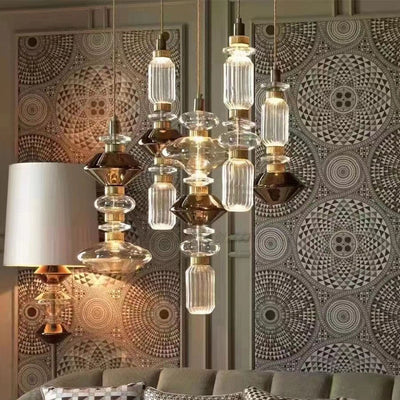 Traditional European Irregular Cylinder Iron Glass 1-Light Pendant Light For Living Room