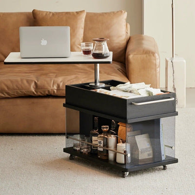 Moderner minimalistischer rechteckiger Holzplatten-Glas-Edelstahl-Beistelltisch mit 3-Staufächern, anhebbar für das Wohnzimmer 