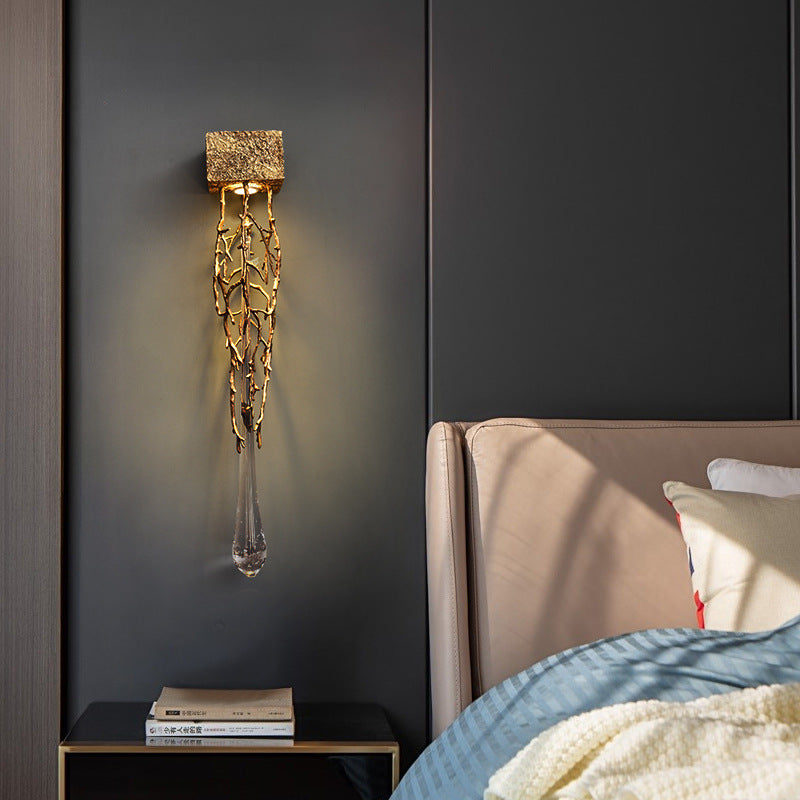 Moderne Luxus-Quadrat-Träne Kupfer Kristall 1-Licht Wandleuchte Lampe für Schlafzimmer 