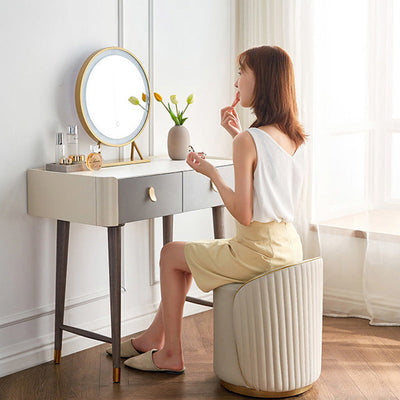 Taburete de tocador de hierro cilíndrico minimalista moderno con respaldo de cuero para dormitorio 