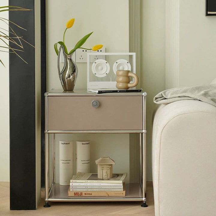 Modern Minimalist Square Frame Stainless Steel Particle Board Nightstand 1-Drawer For Bedroom