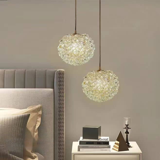 Moderne minimalistische runde Kugel Vollkupfer Kristall 1-Licht Pendelleuchte für Schlafzimmer 
