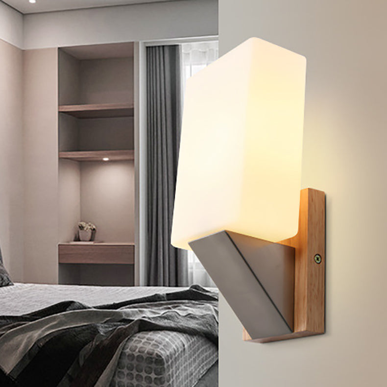 Moderne minimalistische Rechteck Holz Glas 1-Licht Wandleuchte Lampe für Schlafzimmer 