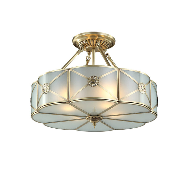 Moderne Light Luxury Schnitzerei Kupfer Runde Glas 4-Licht Semi-Flush Mount Deckenleuchte 