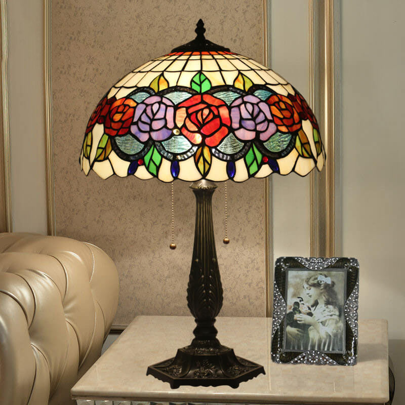 Tiffany Vintage Rose Stained Glass Dome 2-Light Table Lamp