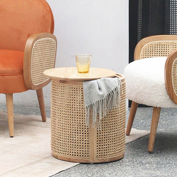 Contemporary Scandinavian Cylindrical Ash Wood Indonesian Rattan Coffee Table For Living Room