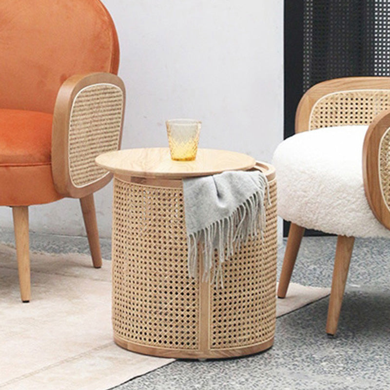 Mesa de centro cilíndrica de madera y ratán escandinava contemporánea para sala de estar 