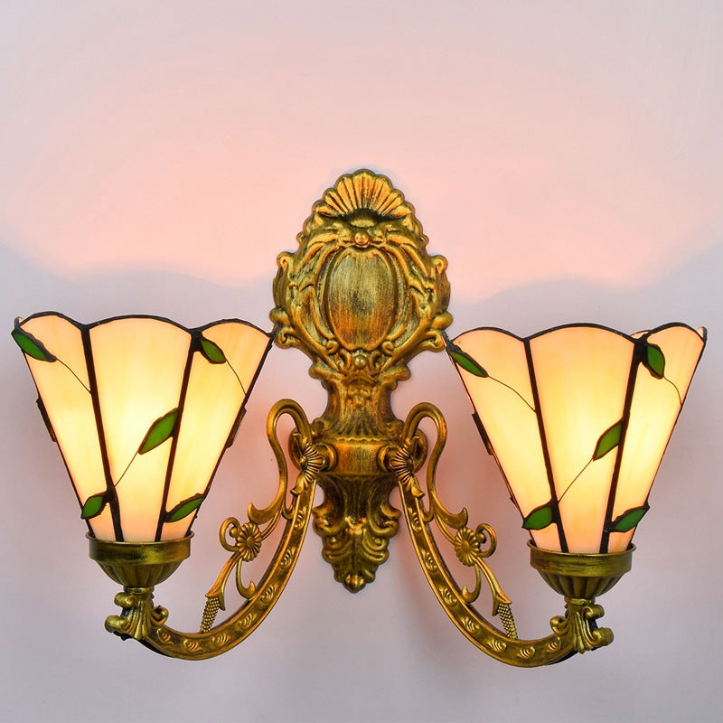 Applique murale à 2 lumières en verre résine fer Tiffany traditionnel conique feuillage pour couloir 