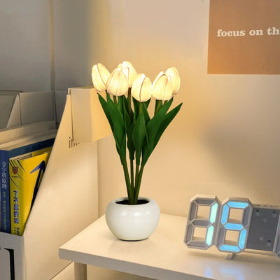 مصباح طاولة LED بتصميم حديث على طراز آرت ديكو من السيراميك PU مع زهرة توليب محاكاة للجانب السرير 