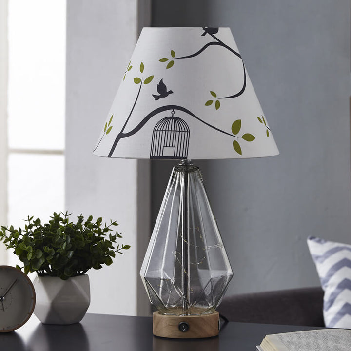 Traditional Rustic Fabric Glass Solid Wood Rhombus 1-Light Table Lamp For Bedroom