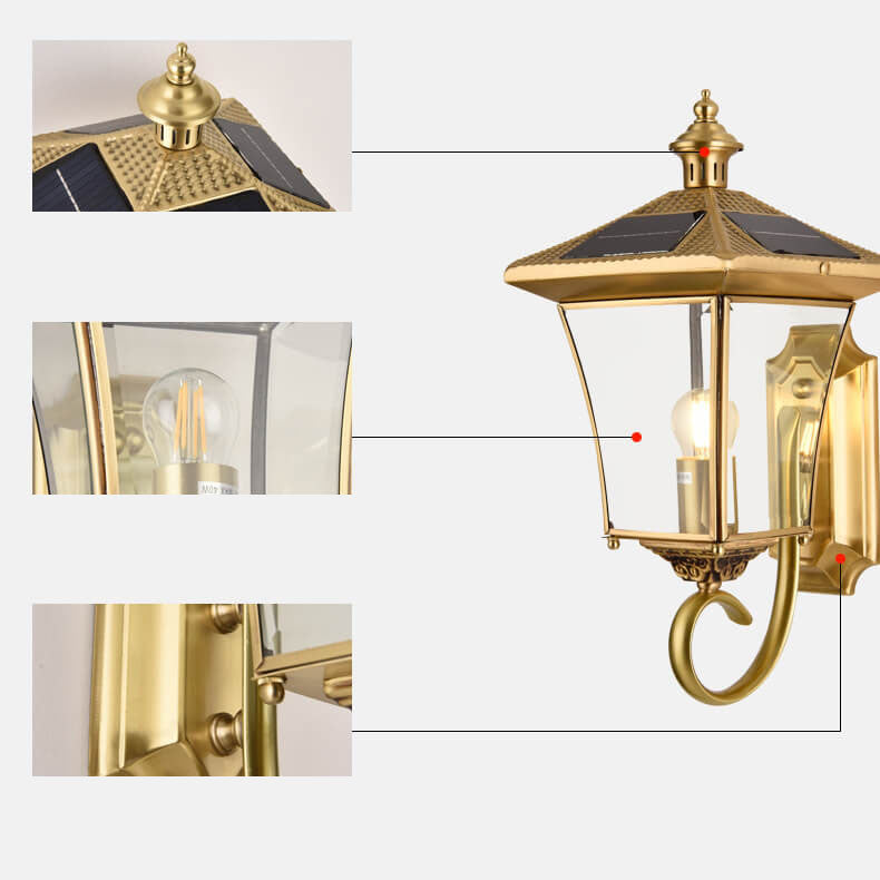 European Retro Solar Copper Roof Lantern 1-Light Outdoor Wall Sconce Lamp