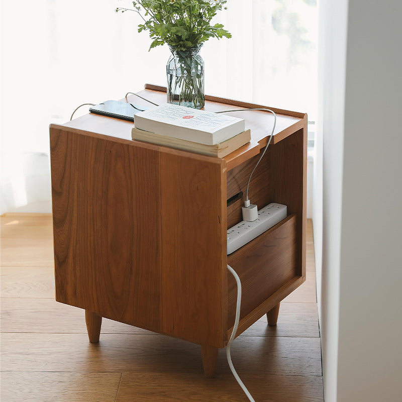 Table de chevet contemporaine rétro carrée en bois massif à 2 tiroirs pour chambre 
