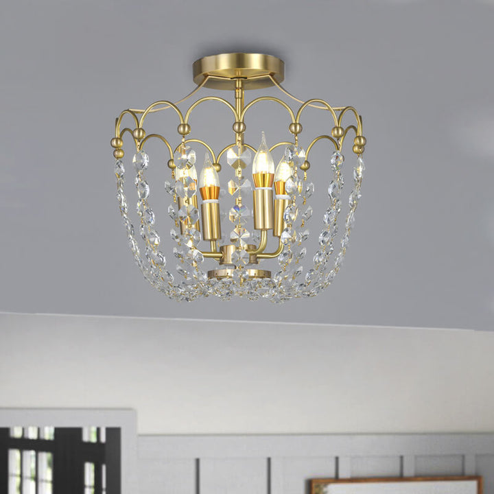 Europäisches leichtes Luxus-Kupferkristall-String 4-Licht Semi-Flush-Mount-Deckenleuchte 