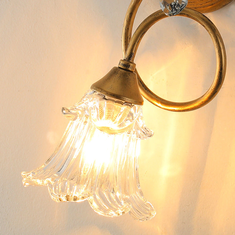 Traditional European Iron Crystal Glass Flower Leave 2-Light Wall Sconce Lamp For Living Room