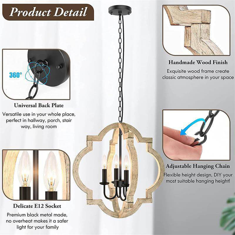 Lustre créatif à 4 lumières de forme spéciale en bois massif de style industriel 