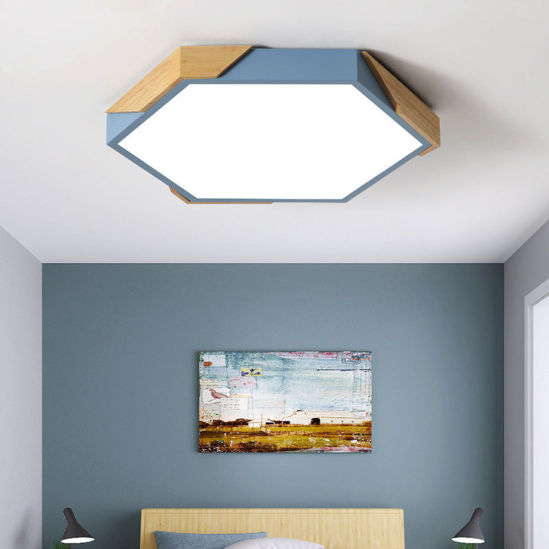Zeitgenössische skandinavische sechseckige Holzmaserung Eisen LED Unterputz Deckenleuchte für Schlafzimmer 