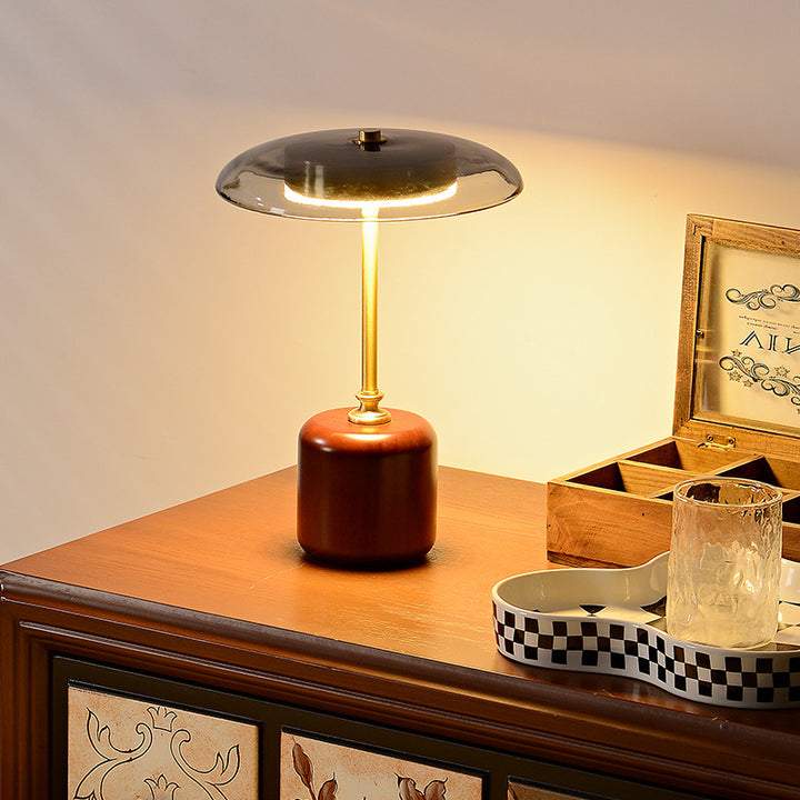 Lámpara de Mesa LED Cilíndrica Redonda de Latón Retro Contemporáneo con Madera y Vidrio para la Mesita de Noche 
