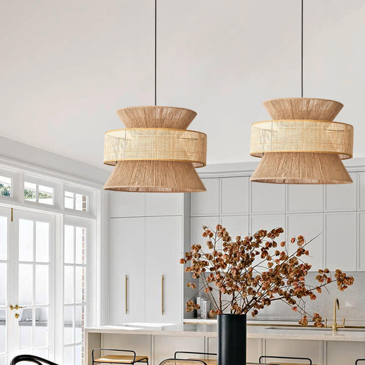 Traditionelle Vintage Zen Rattan Hanf Seil Weben Runde Schatten 1-Licht Pendelleuchte für Wohnzimmer 