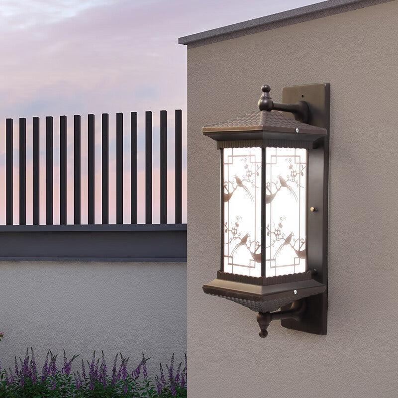 Traditionelle chinesische rechteckige Aluminiumglas-Solar-LED-Wandleuchterlampe für Garten