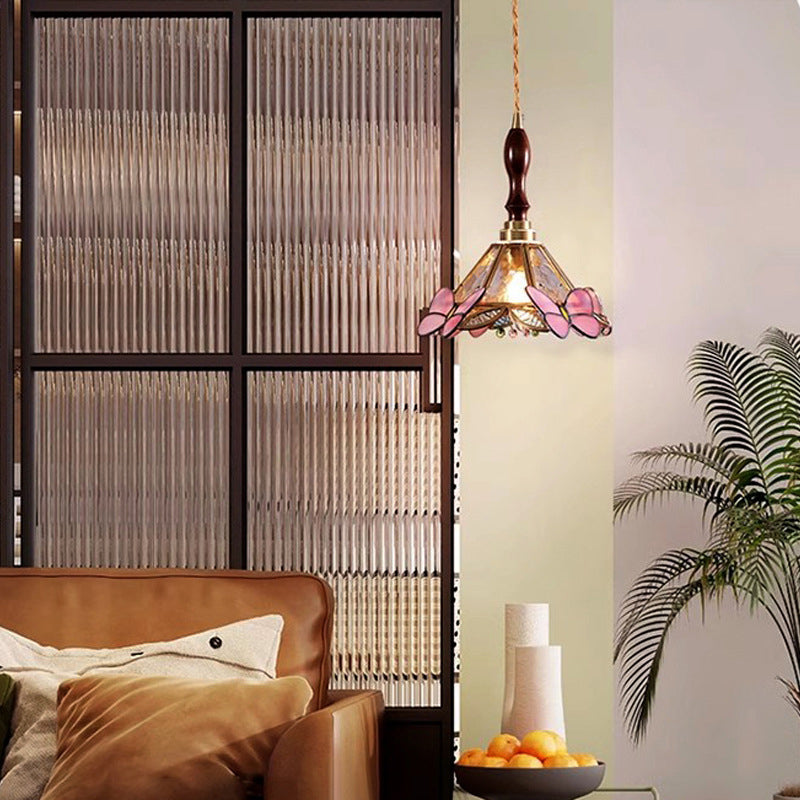 Traditionelle japanische konische Pendelleuchte mit Schmetterlingsglas für Wohnzimmer