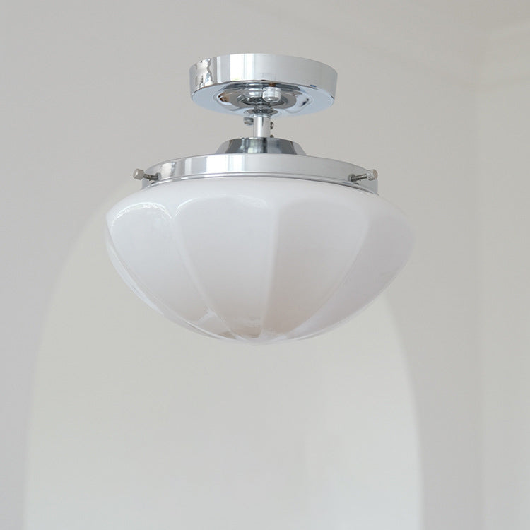 Contemporary Scandinavian Cream Round Iron Glass 1-Light Semi-Flush Mount Ceiling Light For Living Room