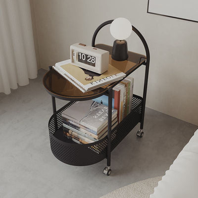 Table d'appoint roulante contemporaine en verre rond avec panier de rangement en fer à 2 niveaux pour salon 