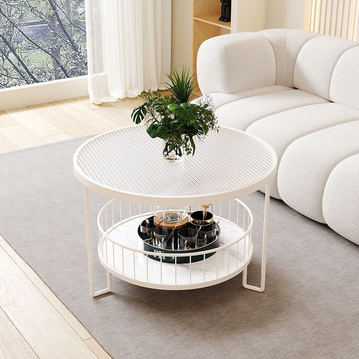 Modern Minimalist Round Tabletop Metal Tempered Glass Coffee Table 1-Shelf For Living Room