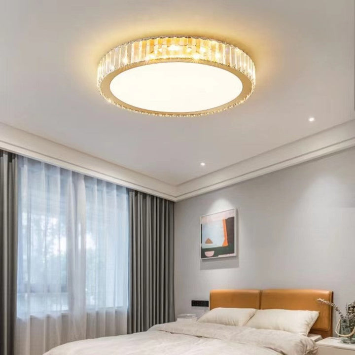 Plafonnier LED en acier inoxydable rond minimaliste moderne avec cristal pour salon 