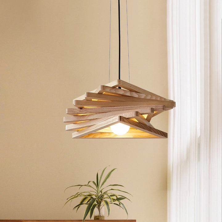 Traditional Japanese Wood Triangle Splicing Swirl 1-Light Pendant Light For Dining Room