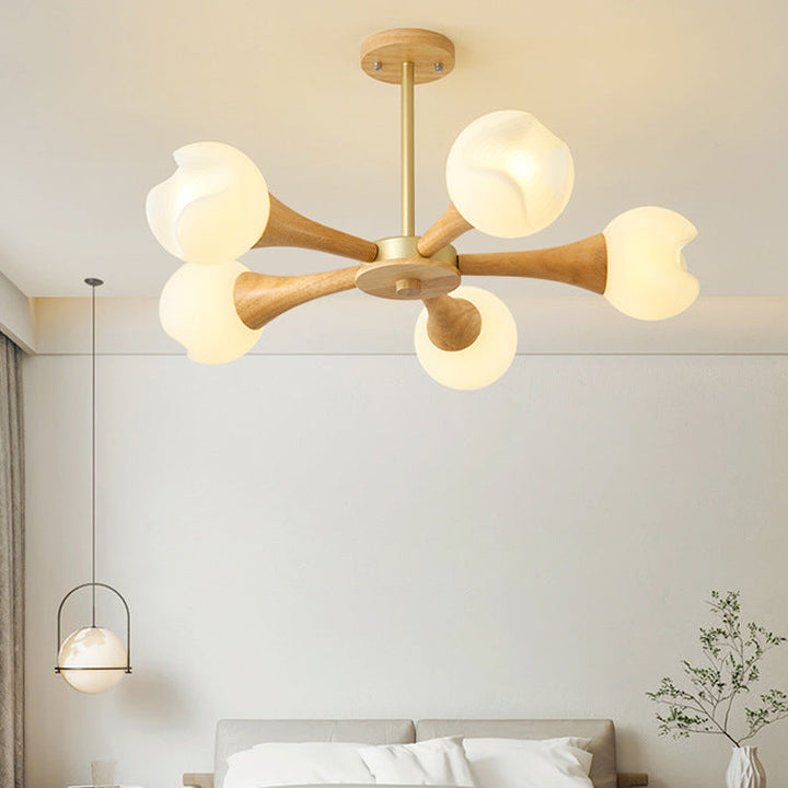 Suspension Contemporaine en Bois de Caoutchouc et Plastique avec Motif de Fleurs Nordiques, 3/5 Lumières pour Salon 