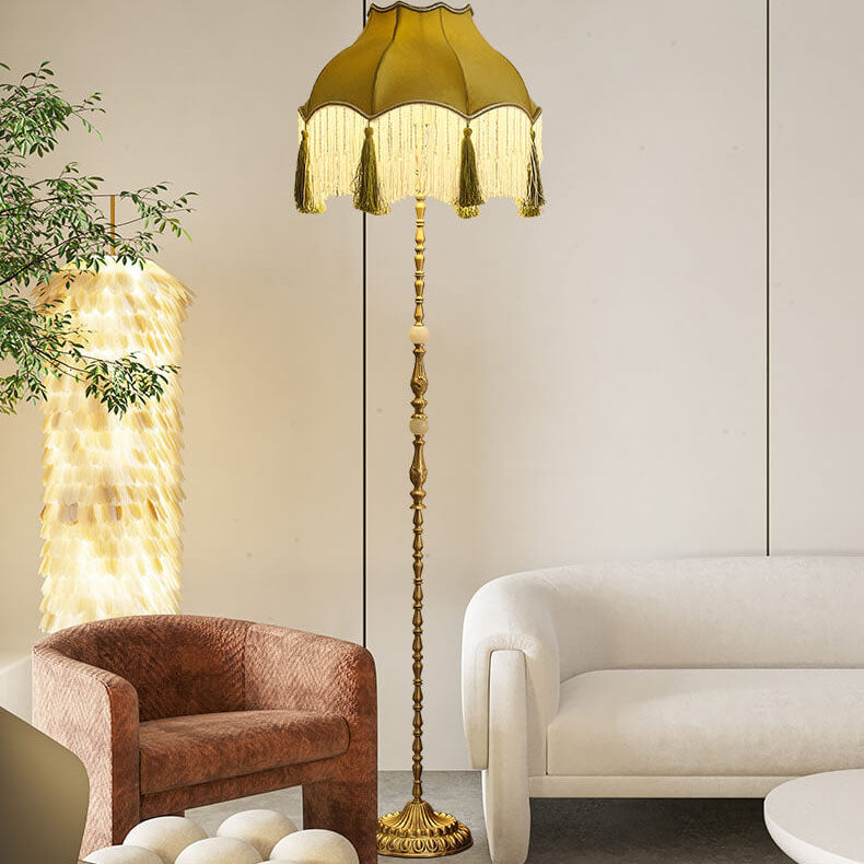 Traditional Vintage Brass Umbrella Tassels 1-Light Standing Floor Lamp For Living Room