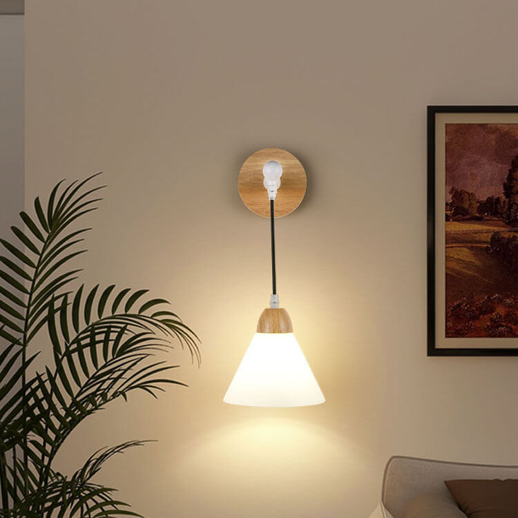 Modern Minimalist Frosted Cone Rubberwood Iron Glass Log Wood 1-Light Wall Sconce Lamp for Living Room