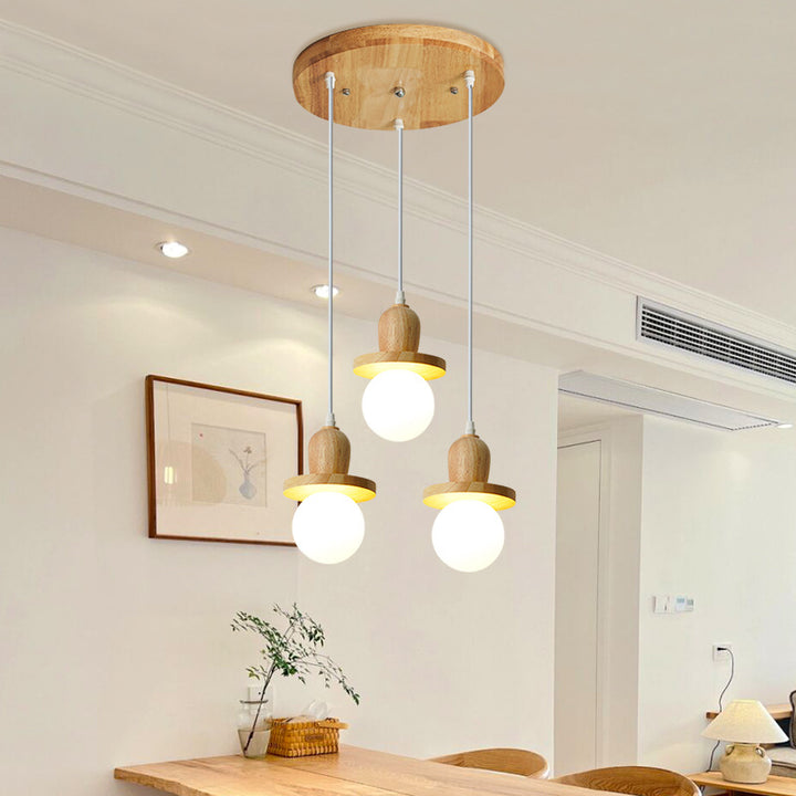 Lámpara de araña de isla de 1/3/5 luces con pantalla de vidrio de globo y marco lineal de madera tradicional japonesa para sala de estar 