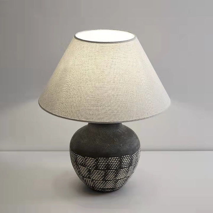 Traditional Japanese Cone Fabric Round Ceramic Jar Base 1-Light Table Lamp For Bedroom